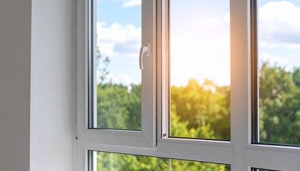 Fototapeta premium Sunlight Streaming Through Modern Window Green Trees View.