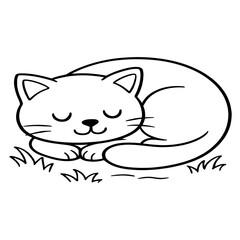 A sleepy cat curls up in a ball, illustrated in a simple and cute black-and-white outline, perfect for a coloring book.