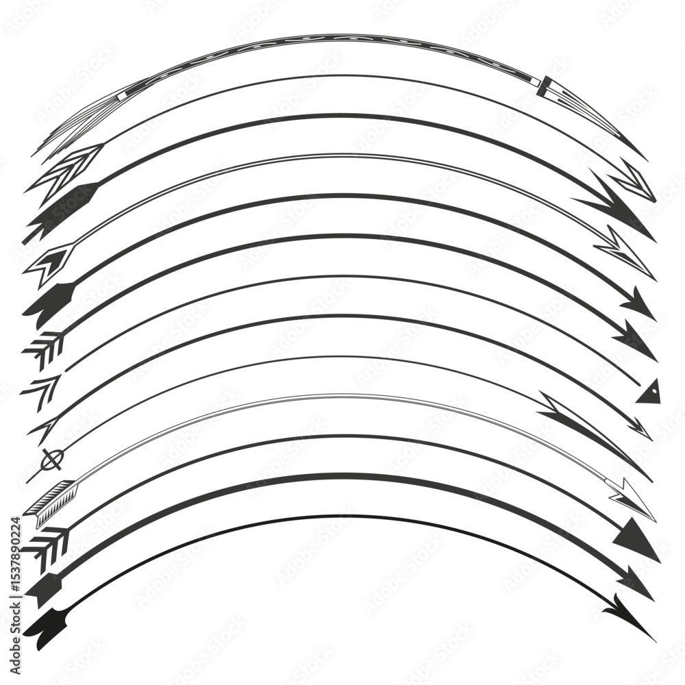 Poster curved arrow set. downward bend direction. vector motion flow. monochrome dynamic lines.