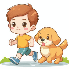 Cute boy cartoon vector jogging with dog