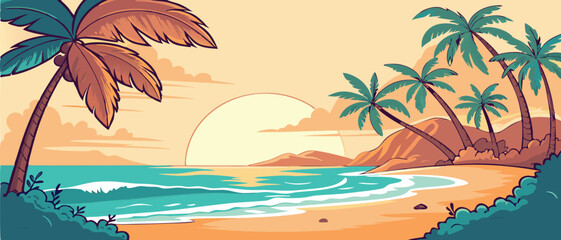 Sunset Over Tropical Ocean Beach with Palms