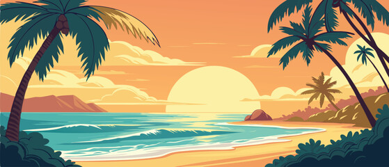 Sunset Over Tropical Ocean Beach with Palms