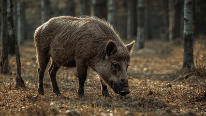 Fototapeta premium Wild boar foraging in a forest.