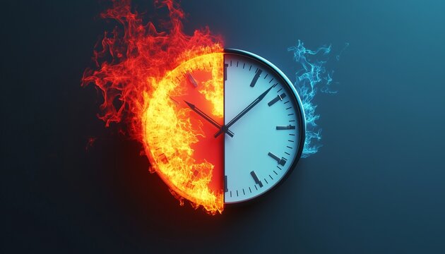 Analog wall clock is half hot and half cold due to weather temperature