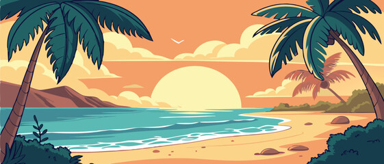 Sunset Over Tropical Ocean Beach with Palms
