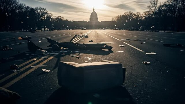 Urban Roadblock Scene with Debris and Fallen Objects During Sunset