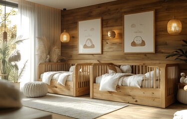 Nursery Room Mockup with Wooden Cribs and Minimalist Decor

