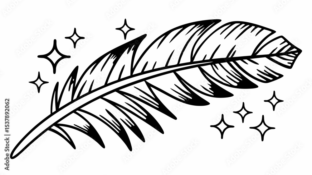 Poster illustration of a detailed feather with visible barbs and several sparkling stars around it in black
