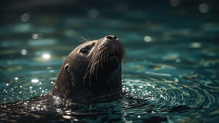 Fototapeta premium Close-up of a seal's head emerging from the water.