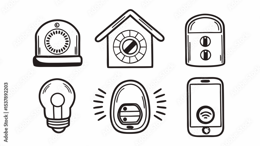 Poster illustration of security system components featuring alarm, light, sensor and smartphone created wit