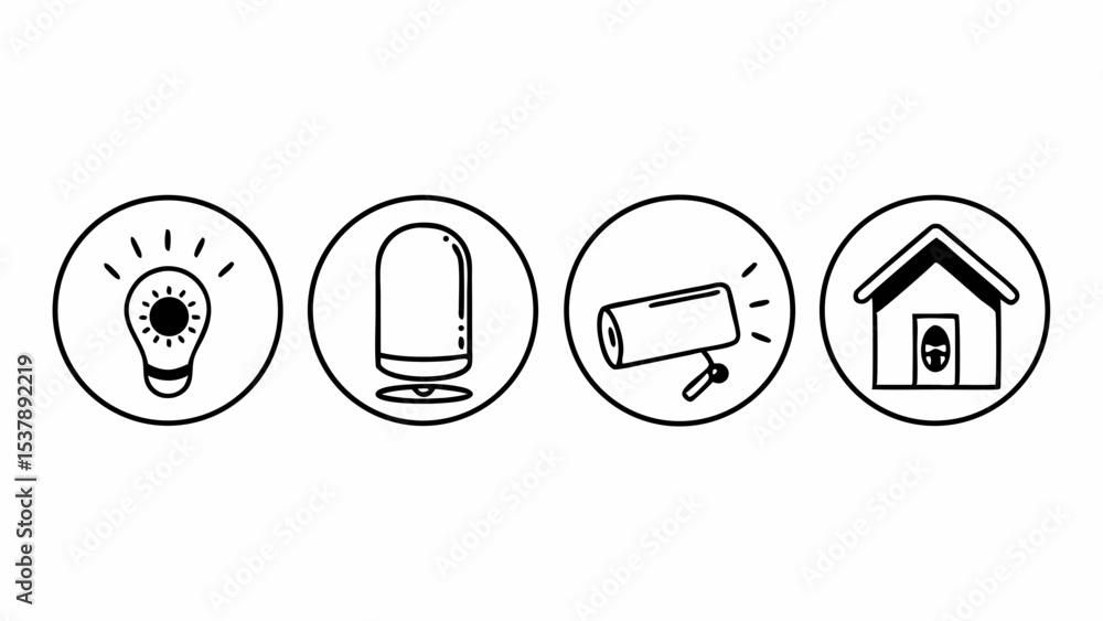 Poster illustrative icons depicting smart home automation and security features in a simple line art style 