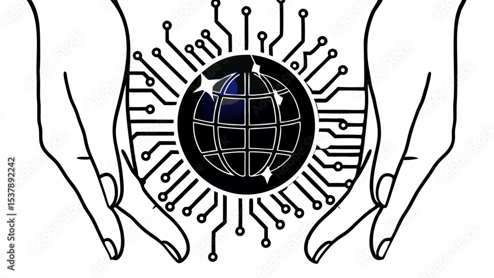 Poster hands holding a globe surrounded by circuit board lines and nodes in black and white outline created