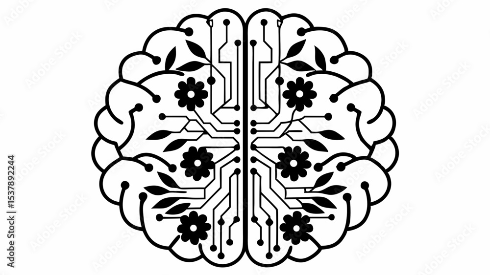 Poster anatomical brain outline with circuit board patterns and floral elements in a symmetrical design cre