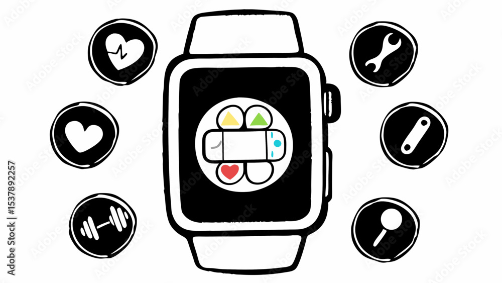 Poster illustration of a smartwatch displaying various health and utility related icons around the screen c