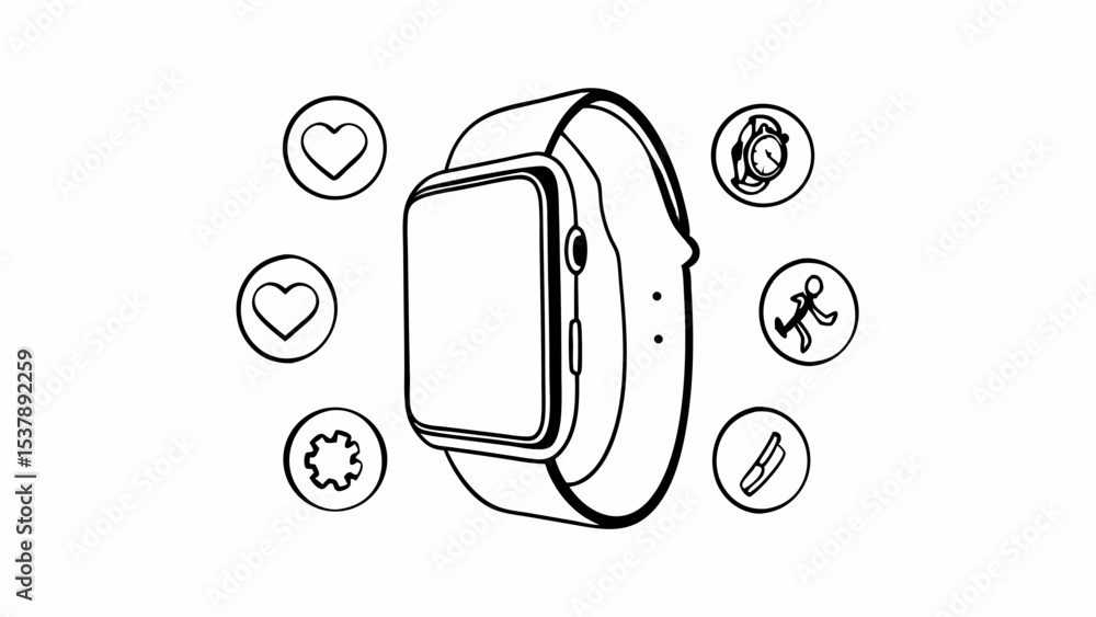 Poster illustration of a smart watch with health and fitness icons surrounding it in a simple line drawing 
