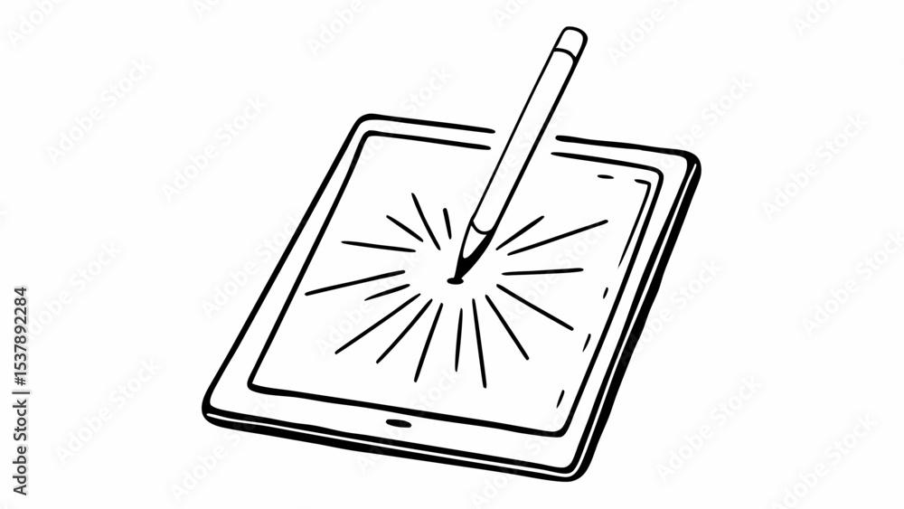 Poster illustration of a tablet with a stylus touching the screen creating a burst of light effect design c