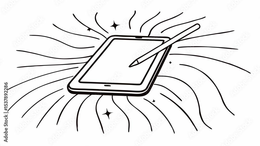 Poster illustration of a tablet with a stylus and radiating lines in black and white style design concept c