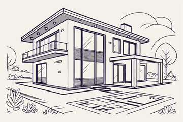 Modern House Blueprint Illustration – Hand-Drawn Architectural Concept Art