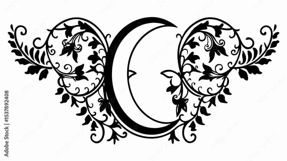 Poster crescent moon with floral ornaments and swirls in black and white decorative design element image cr