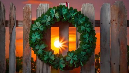 Shamrock Wreath on Fence with Glowing Sunset

