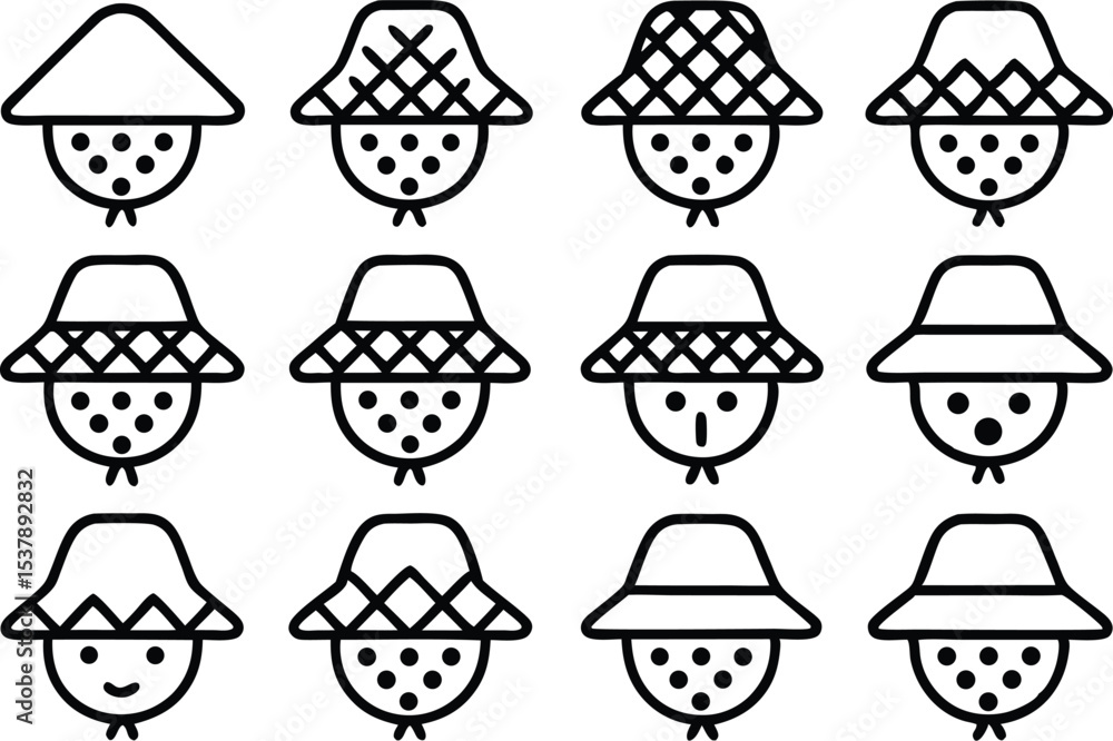 Poster outlined scarecrow hat pattern icon set isolated on transparent background