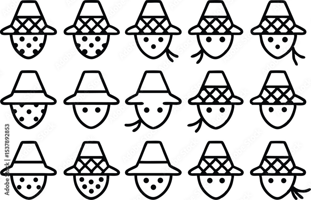 Poster outline scarecrow hat pattern icon set isolated on transparent background
