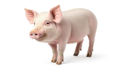 Pink pig stands on a white background with translucent shadow; full body view