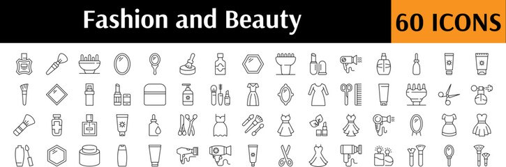Beauty Simple Linear Illustrations. Contains Icons of Perfume, Brush, Cosmetics, Hair Dryer for Graphics, Concept, Apps
