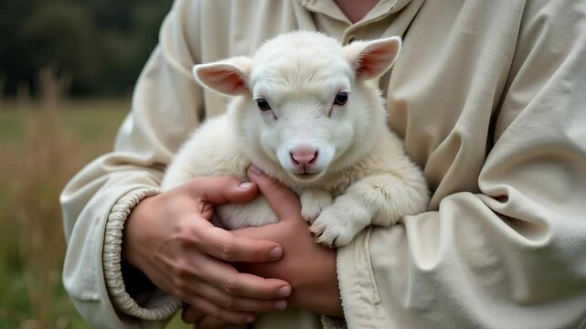 Find comfort and hope in this slow-motion 4K footage depicting Psalm 23, showcasing Jesus Christ as the Good Shepherd tending his flock of lambs and sheep.