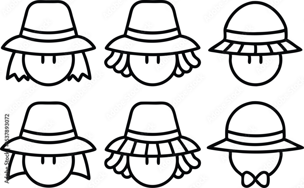Poster collection of scarecrow hat style outline icons isolated on transparent background