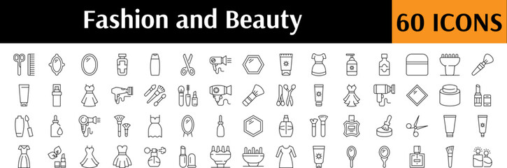 Beauty Outline Simple Icons Bundle. Contains Icons of Perfume, Brush, Cosmetics, Hair Dryer for Graphics, Concept, Apps