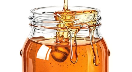 Honey Jar Pouring Sweet Golden Liquid, Natural Food and Healthy Eating