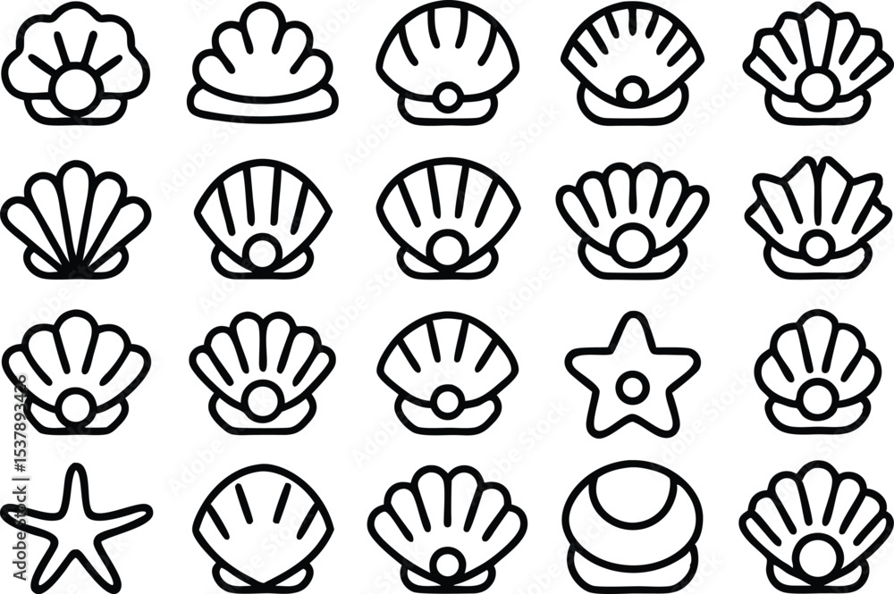 Poster seashell and pearl icon set collection featuring ocean theme designs isolated on transparent backgro