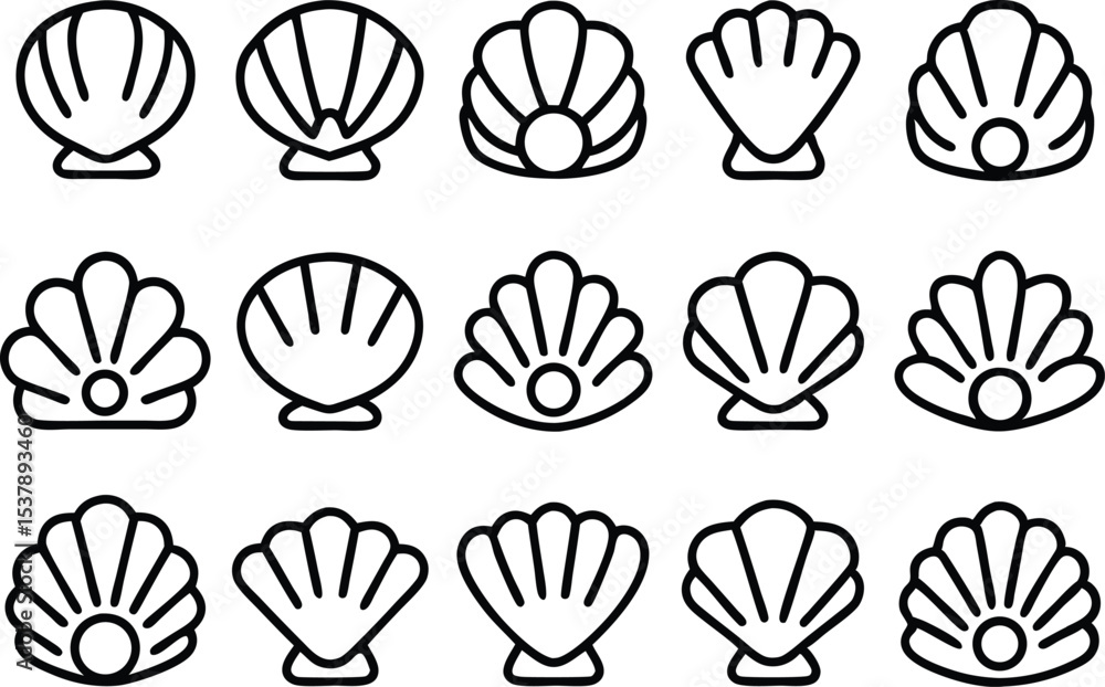 Poster seashell and pearl icon set collection for design projects isolated on transparent background