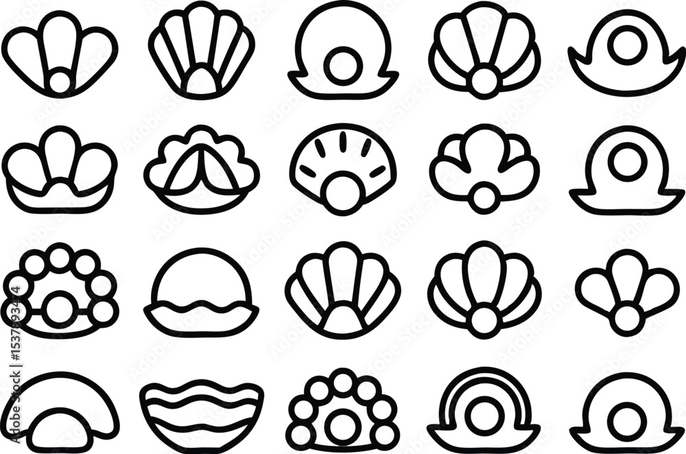 Poster seashell and pearl icon set collection featuring ocean theme designs isolated on transparent backgro