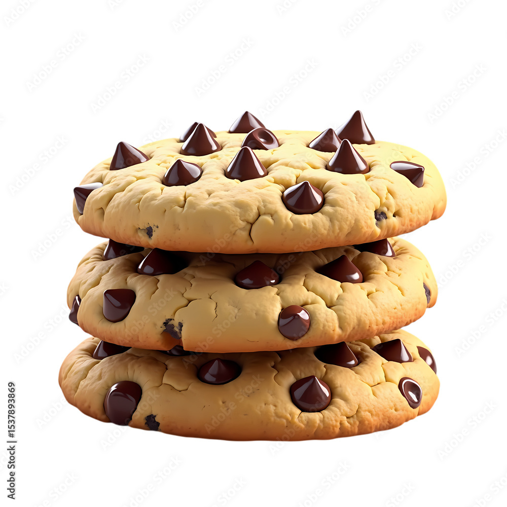 Poster a stack of three chocolate chip cookies isolated on transparent background