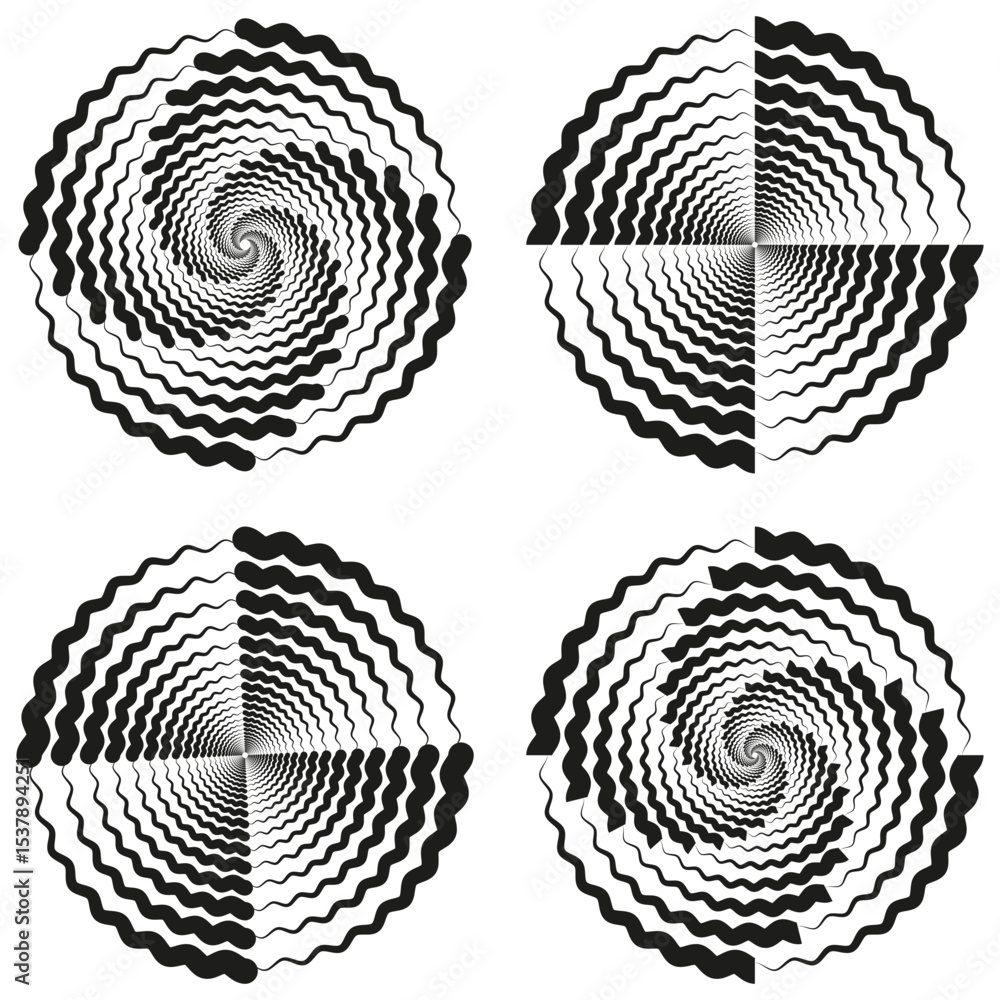 Poster circular wave set. optical spiral forms. black abstract shapes. vector motion design.