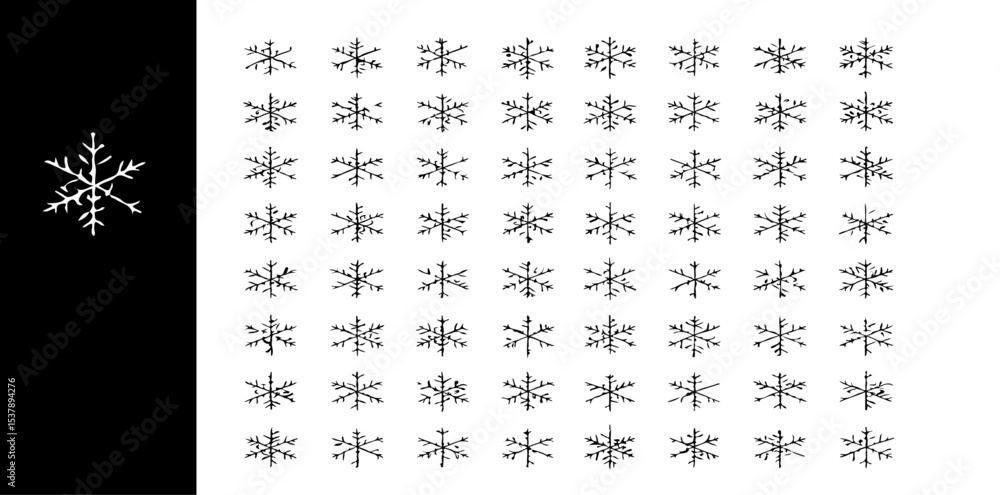 Poster a pattern of snowflakes on a white background with a single snowflake on a black background to the s