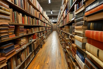 Obraz premium Narrow wooden corridor between tall bookshelves full of books in the library