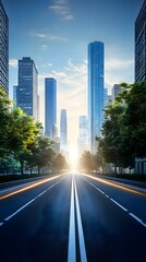 Urban road leading to modern city skyline with skyscrapers under bright sky