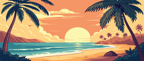 Sunset Over Tropical Ocean Beach with Palms