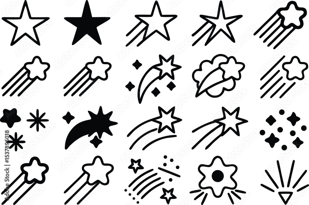 Poster shooting star icon grid outline icon set featuring a celestial theme isolated on transparent backgro