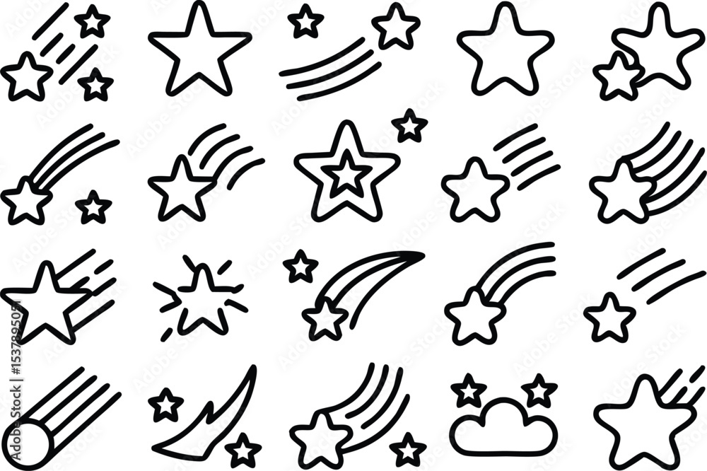 Poster shooting star icon grid outline icon set featuring a celestial design isolated on transparent backgr