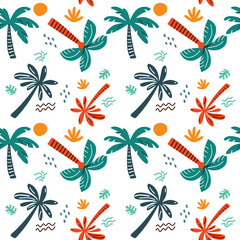 Vibrant Seamless Tropical Palm Tree Pattern with Sun and Abstract Shapes