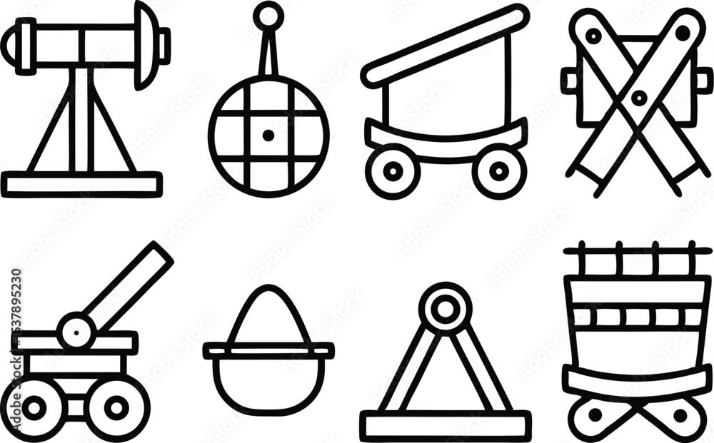 Poster outline icon set of medieval siege weapons isolated on transparent background