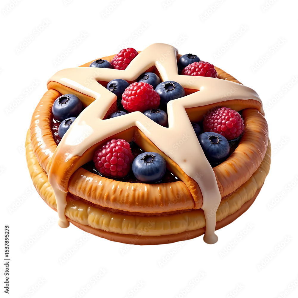 Poster a stacked pancake with berries and star shaped cream topping isolated on transparent background
