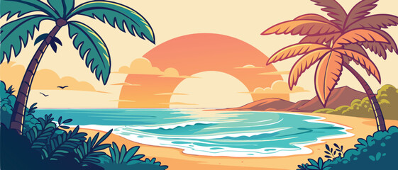 Sunset Over Tropical Ocean Beach with Palms