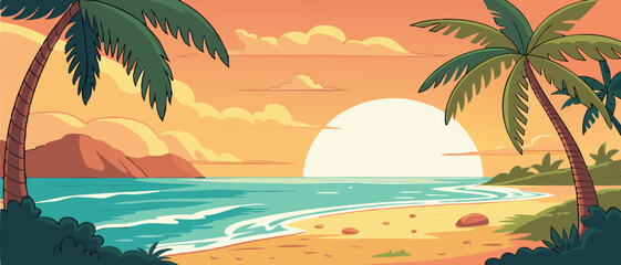 Sunset Over Tropical Ocean Beach with Palms