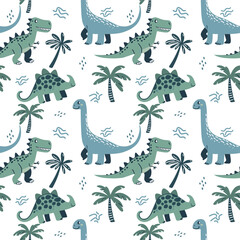 Adorable Seamless Dinosaur Pattern with Green and Blue Dinosaurs and Palm Trees