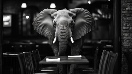 Elephant stands behind a set table in a dark restaurant, black and white